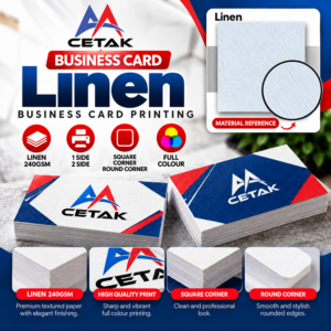 Business Card Linen 240gsm dengan tekstur halus, cetakan penuh warna dan pilihan bucu petak atau bulat
