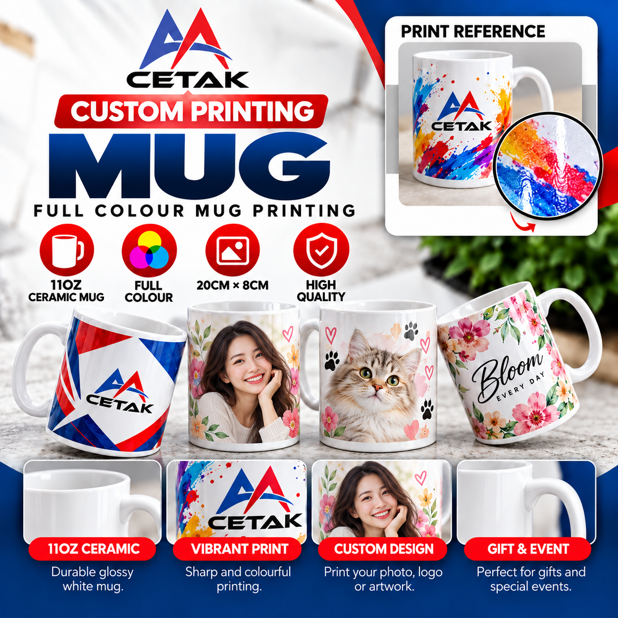 Custom 11oz ceramic mug with full-colour photo and logo printing