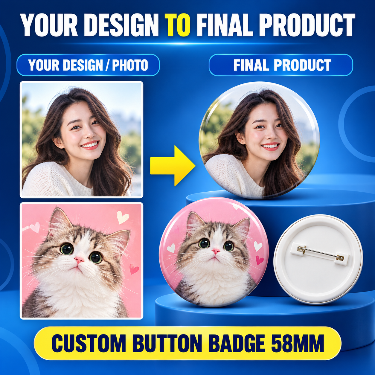 Custom Button Badge Pin 58mm with full colour printing and safety pin backing