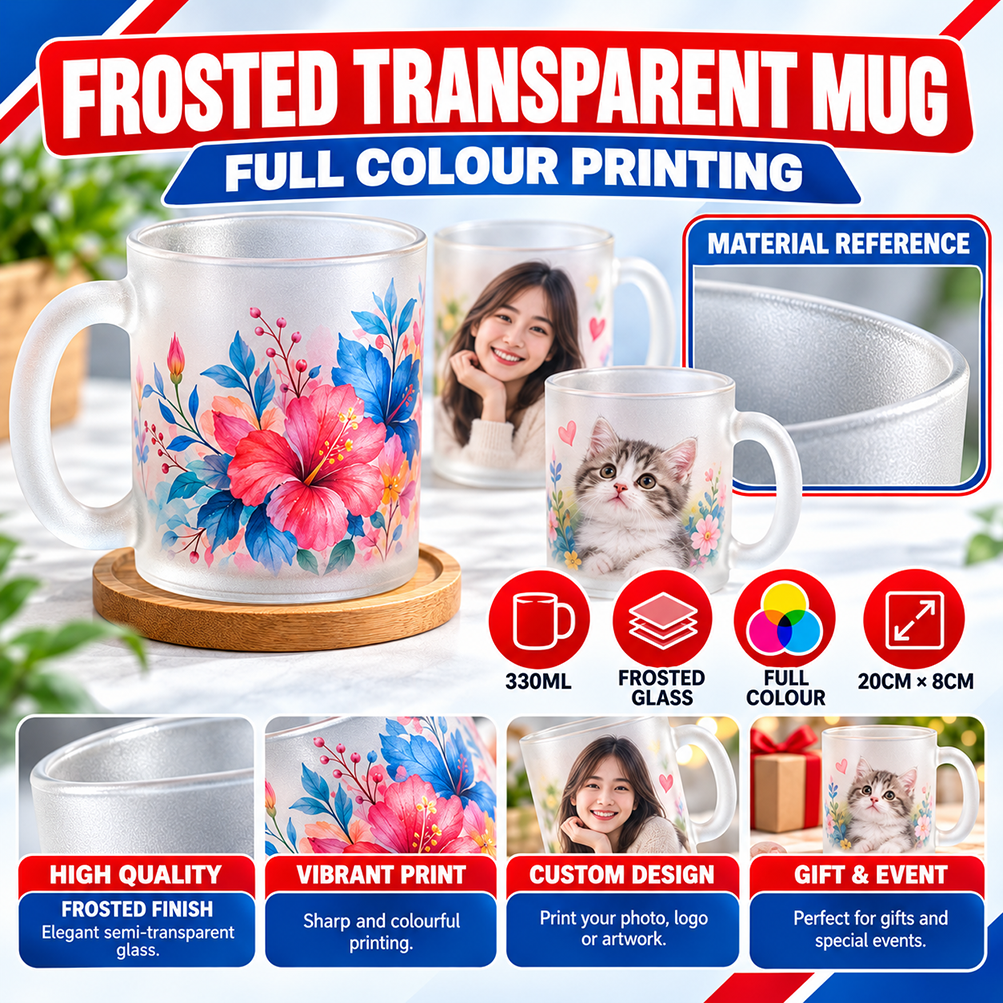 Custom frosted transparent mug with full-colour floral printing and quantity price list