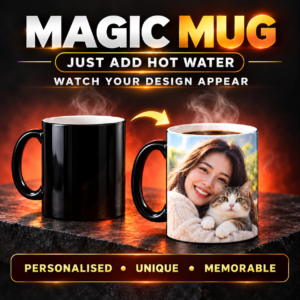Custom magic mug changing from black to a full photo design when hot water is added