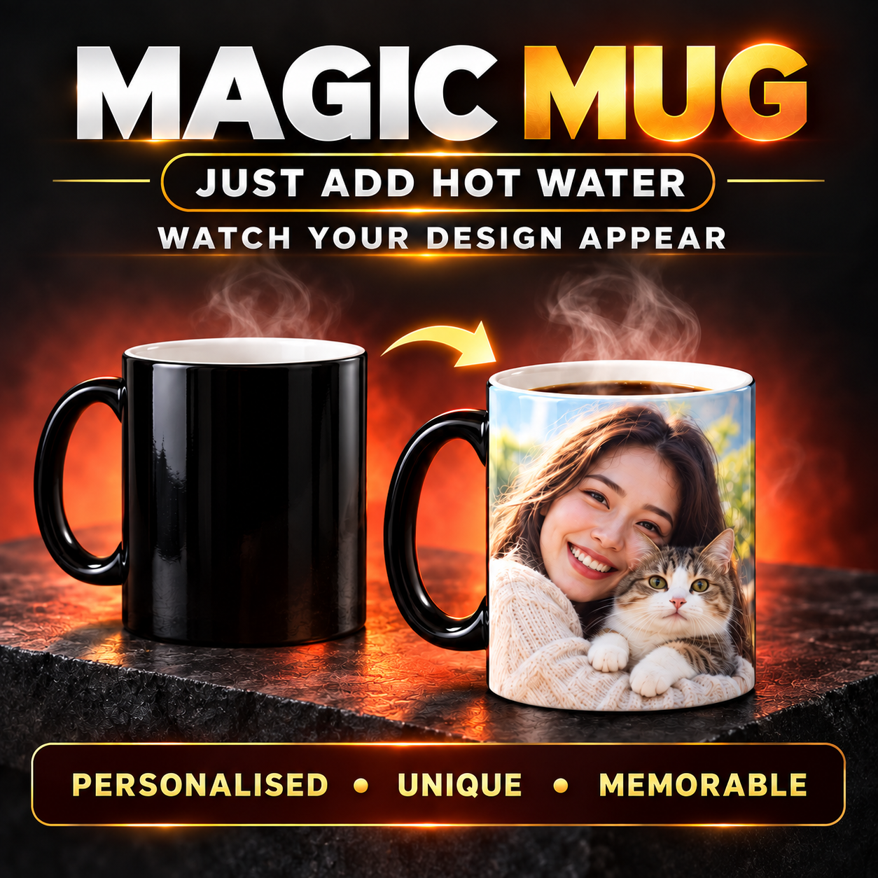 Custom magic mug changing from black to a full photo design when hot water is added