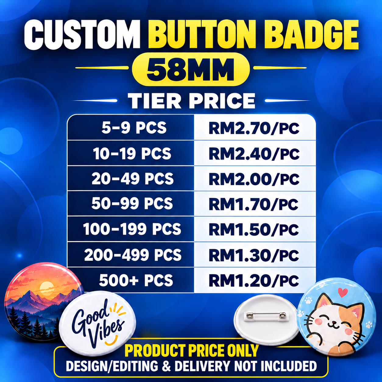 Custom Button Badge Pin 58mm with full colour printing and safety pin backing