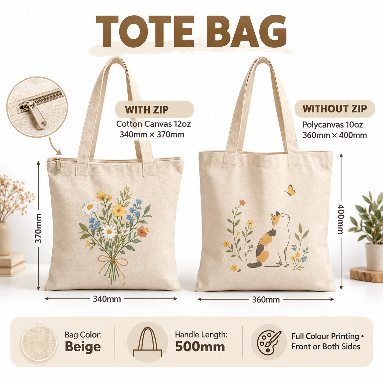 Beige tote bags with zip and without zip, showing sizes, materials and 500mm handles.
