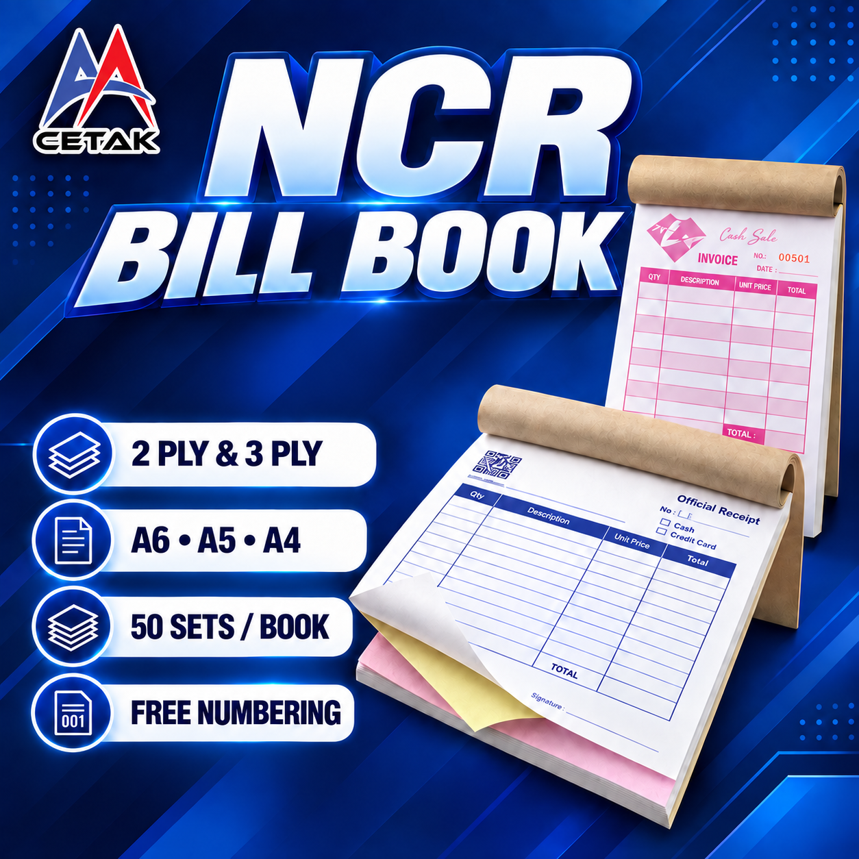 Custom NCR bill book printing for invoices, receipts, order forms and business records