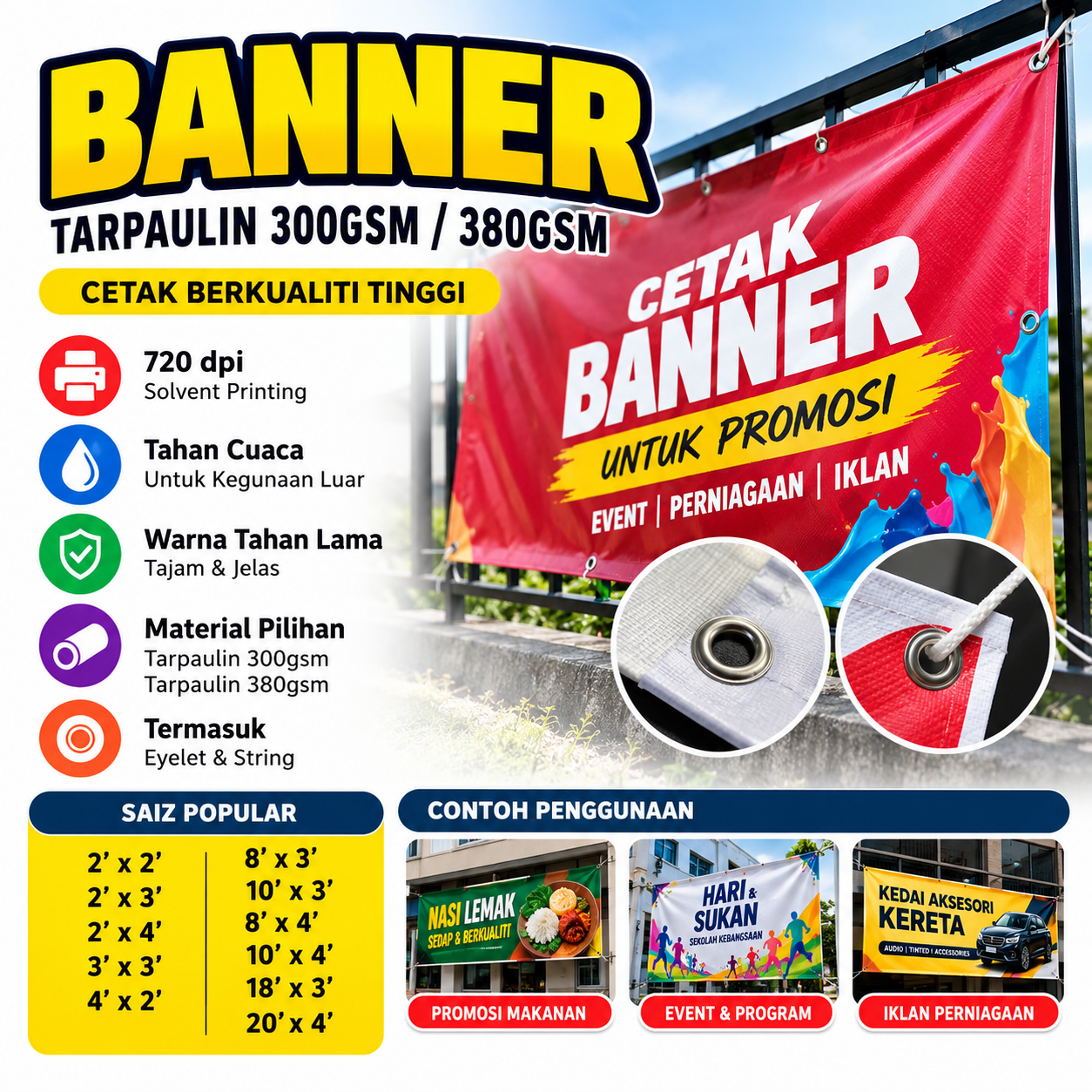 Banner Printing Malaysia – Tarpaulin 300gsm & 380gsm, 720dpi Solvent Printing with Eyelet & String by AA Cetak