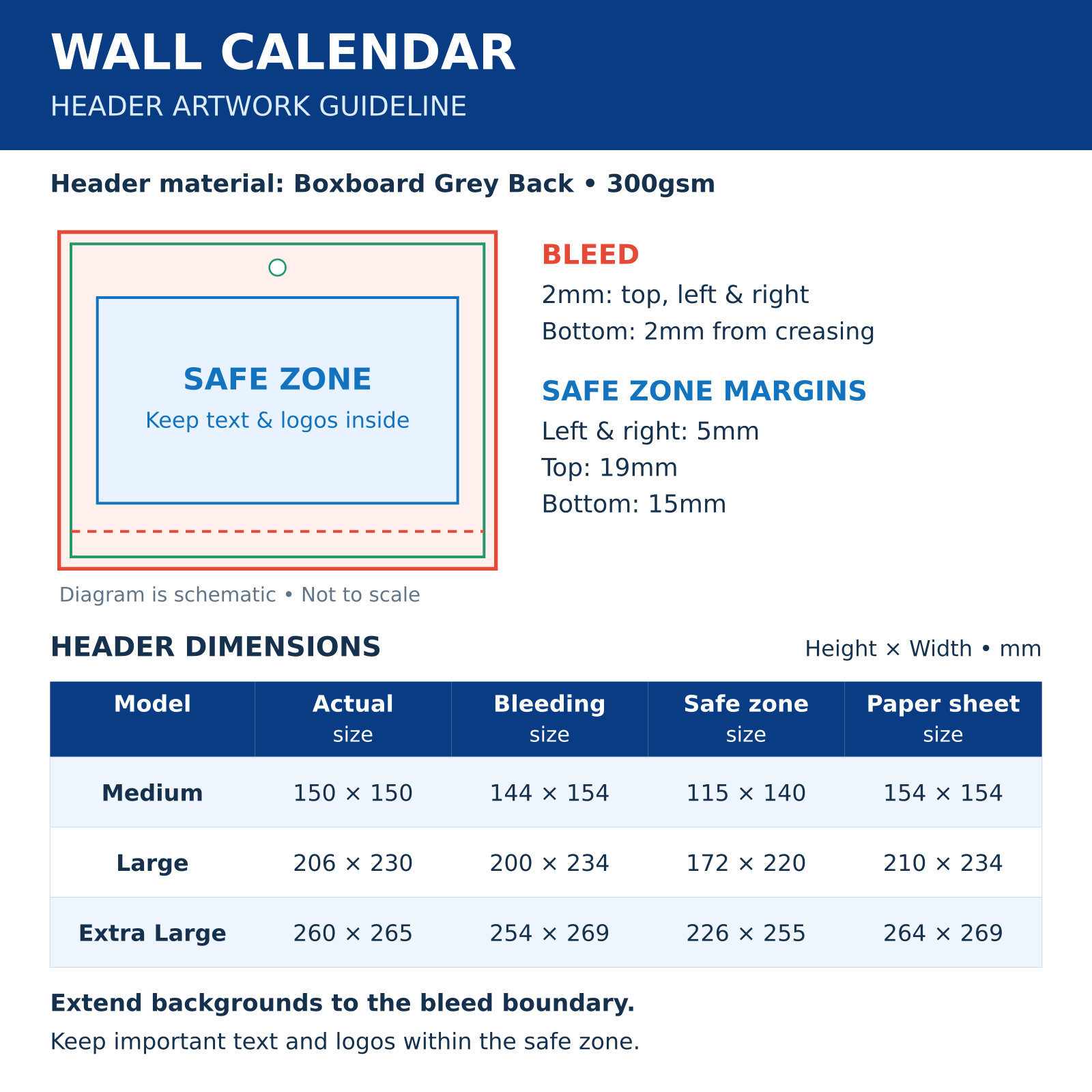Wall calendar header artwork guideline showing bleed, safe zone, cutting area and dimensions for three sizes.